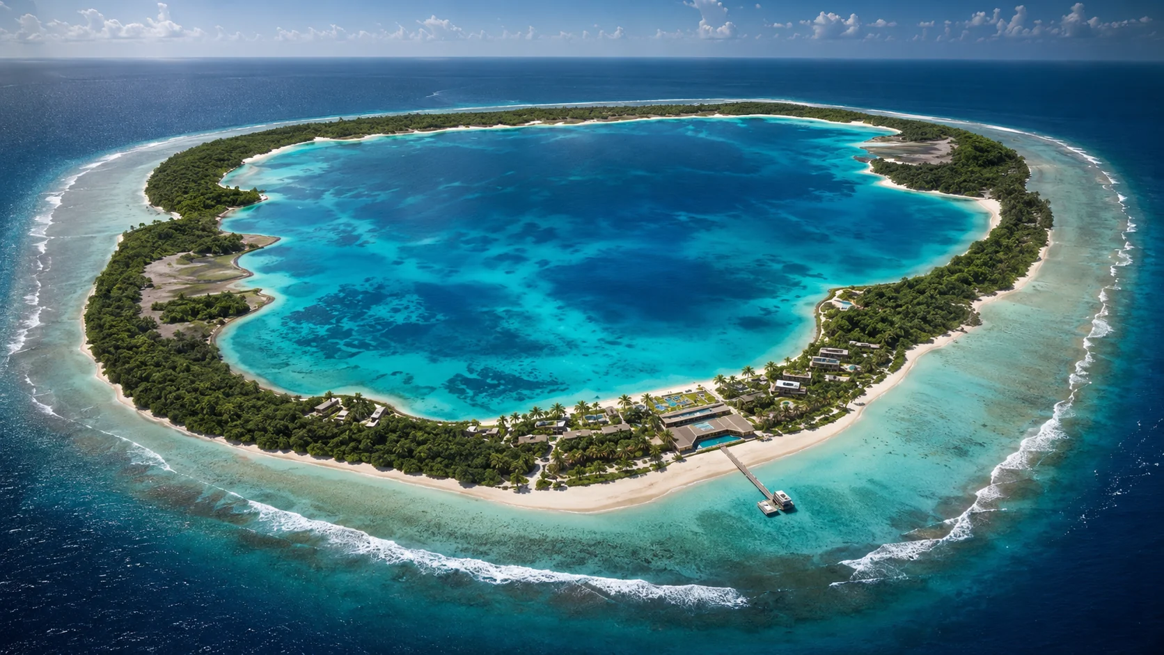Cinematic aerial of the resort atoll