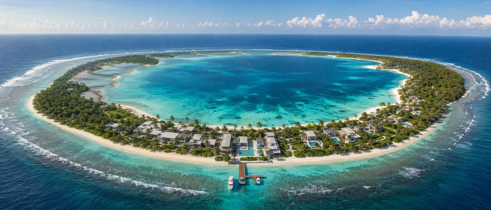 Aerial view of De-Ducie Resort and turquoise lagoon
