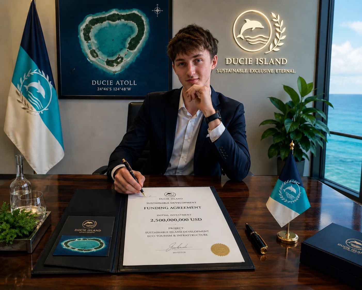 Investor signing funding agreement for Royame De-Ducie