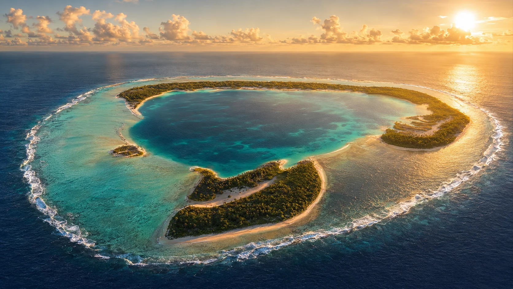 Golden aerial of tropical atoll