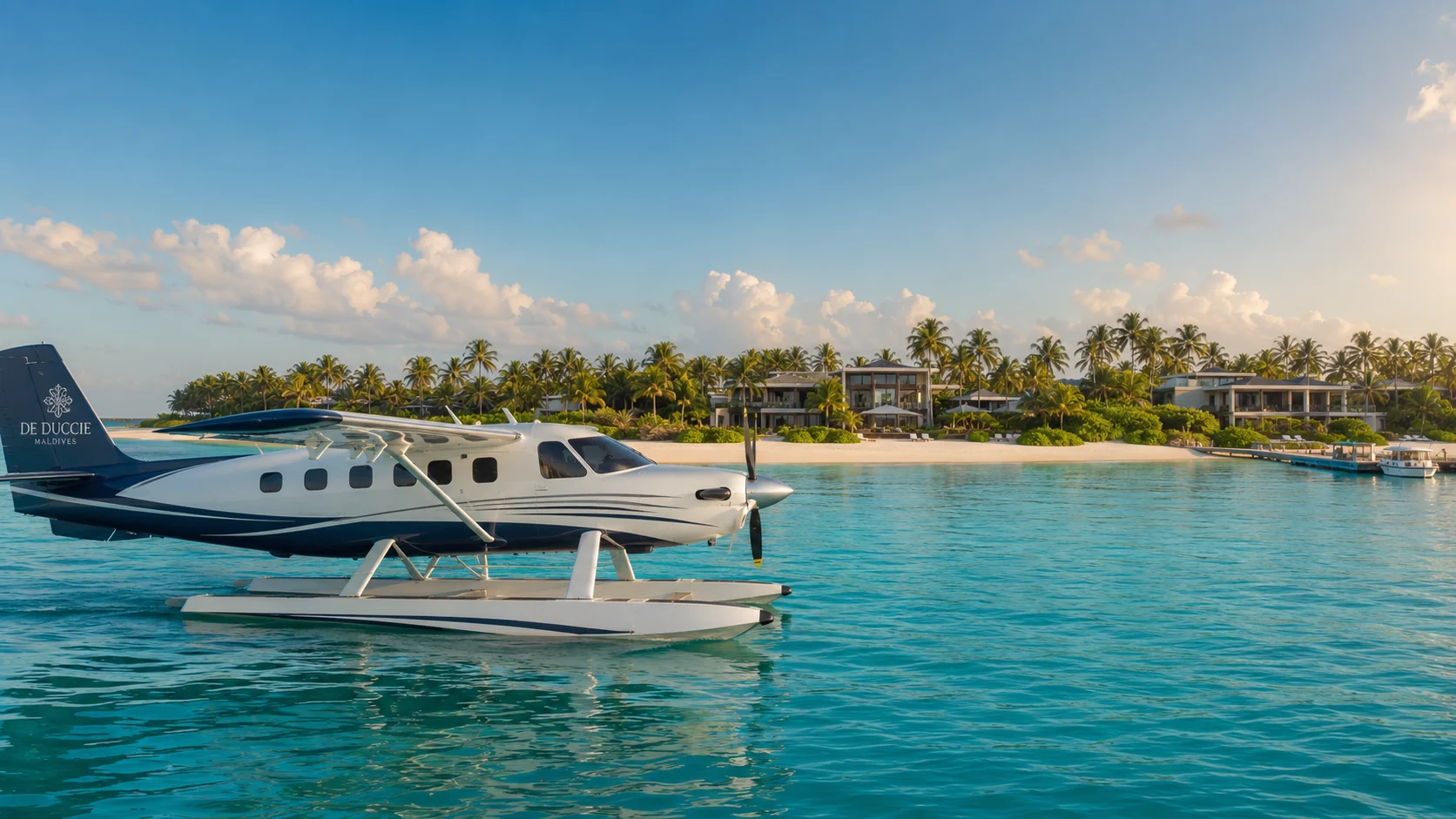Seaplane on turquoise lagoon with resort in background